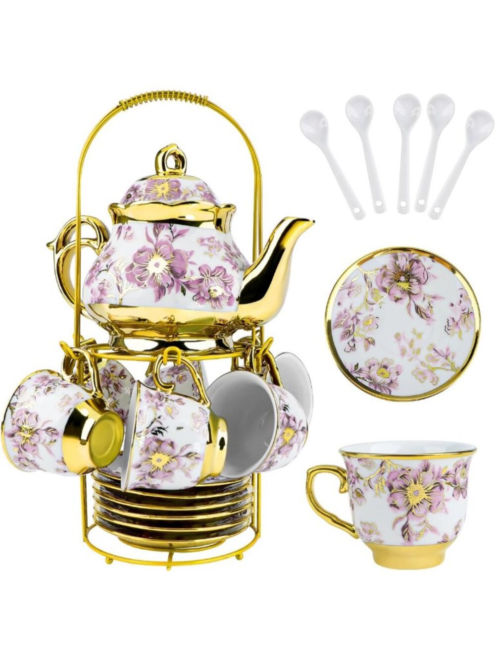 Floral Porcelain Tea Set with Metal Holder & Spoon - 20 Pcs Ceramic Tea Party